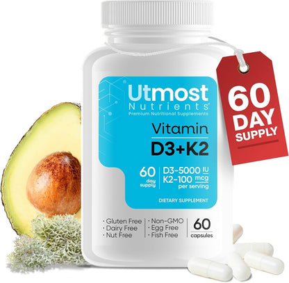 Utmost Nutrients Vitamin D3 5000 IU with K2 100 mcg – High-Absorption Capsule