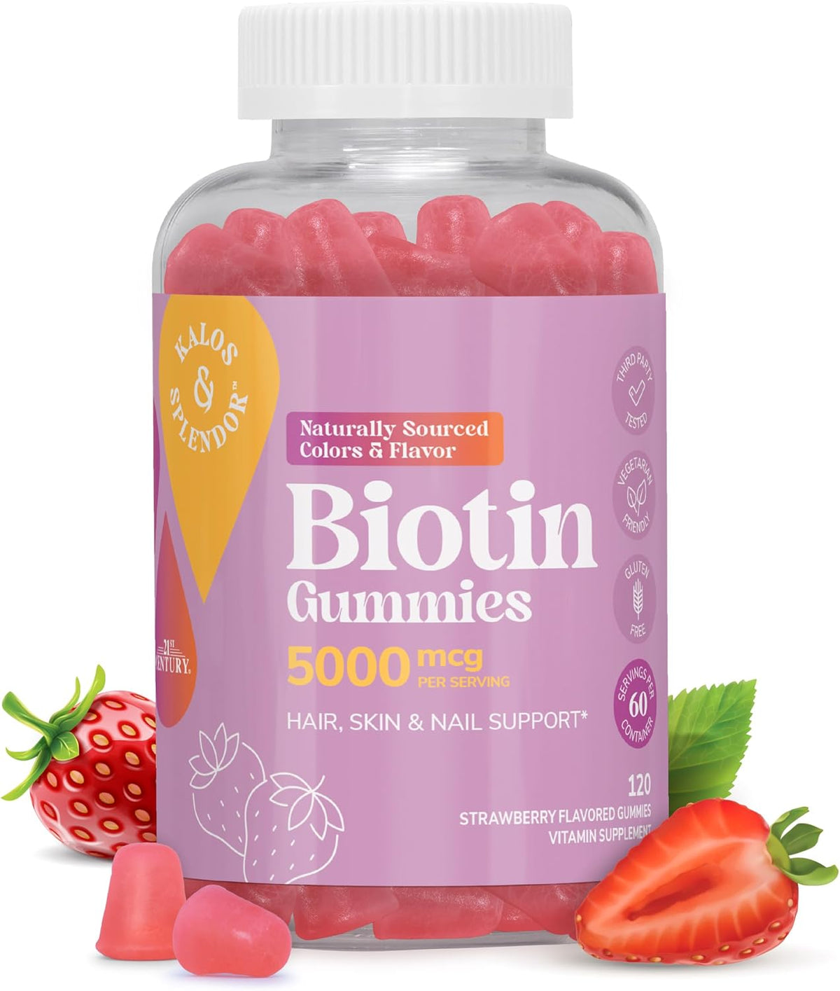 21st Century Biotin Gummies 5000 mcg for Hair, Skin and Nail Health – Vegetarian Strawberry Supplement, 120 Gummies, Gluten-free - görsel 1