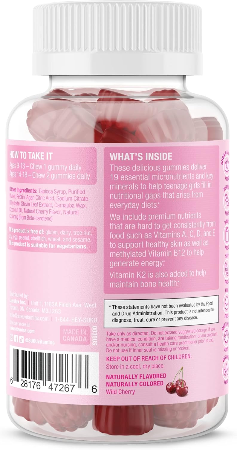 SUKU Teen Girl Multivitamin Gummies – Vitamins A, B12, C, D3, E, Biotin & Zinc – Sugar-Free Vegetarian – Cherry – 60 Gummies - görsel 3