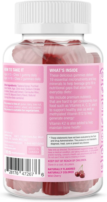SUKU Teen Girl Multivitamin Gummies – Vitamins A, B12, C, D3, E, Biotin & Zinc – Sugar-Free Vegetarian – Cherry – 60 Gummies