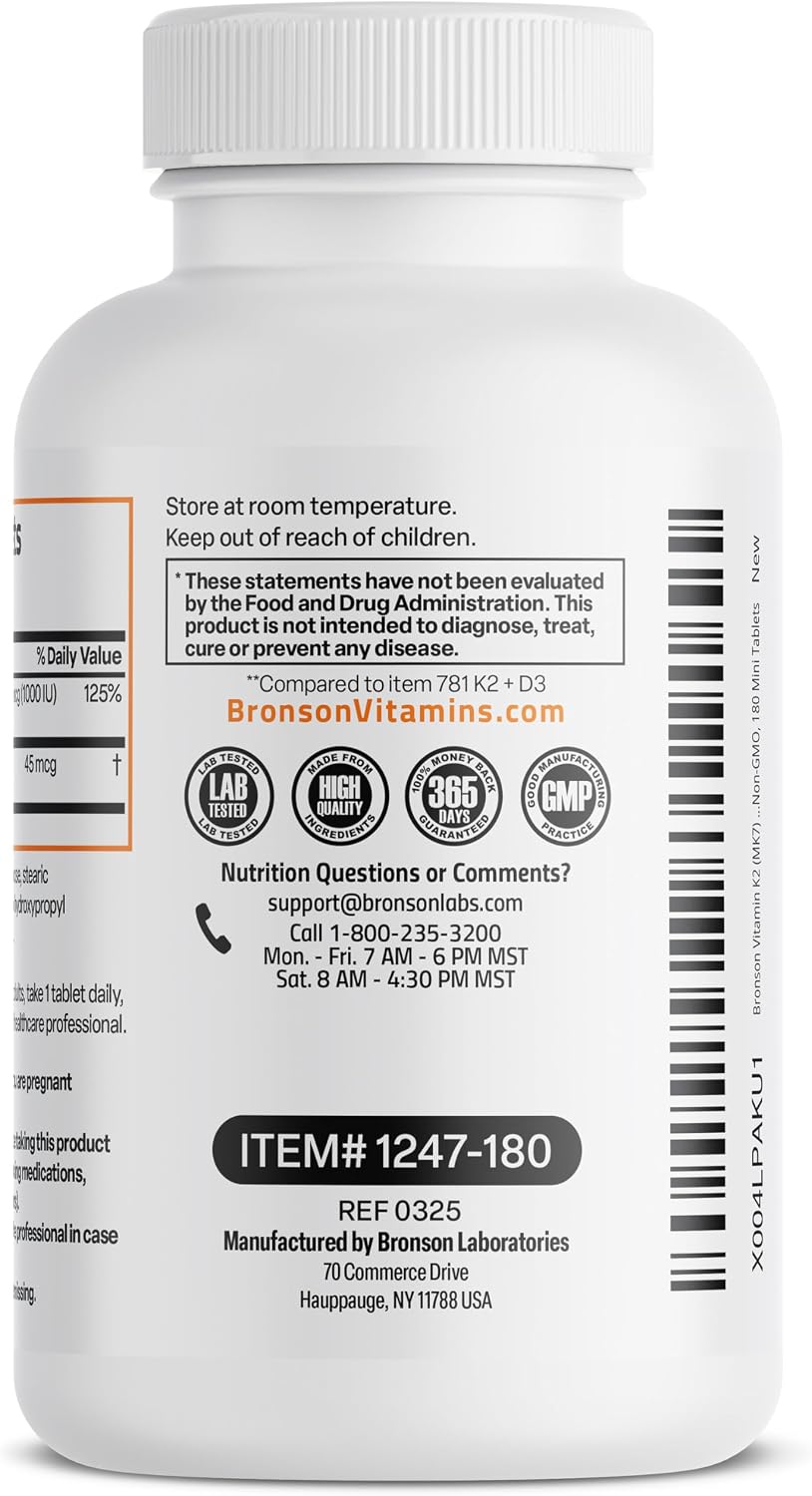 Bronson Vitamin K2 (MK-7) with D3 – 45 mcg K2 & 1000 IU D3 – 180 Mini Tablets - görsel 7