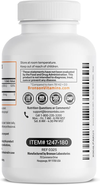 Bronson Vitamin K2 (MK-7) with D3 – 45 mcg K2 & 1000 IU D3 – 180 Mini Tablets