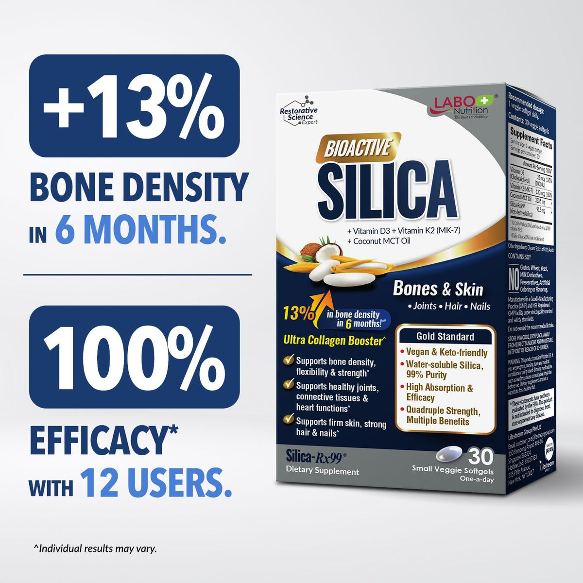 LABO Bioactive Silica 3-Pack – 99% Purity Rice-Derived Silica with Vitamin D3 & K2 for Bone Health, Joint Flexibility & Collagen Support – 90 Vegan Softgels - görsel 5