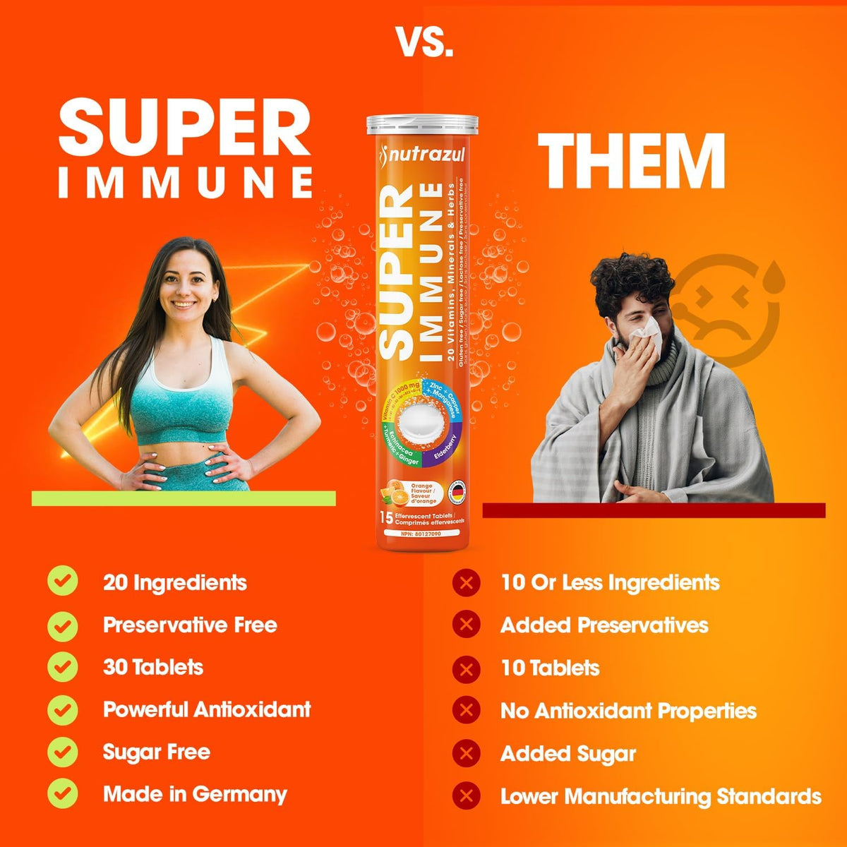 nutrazul Super Immune 30 Effervescent Tablets, 20 Vitamins & Minerals, Herbal Extracts to Support Daily Routine, Vitamin C, Zinc, Elderberry & Echinacea, Gluten-free, Sugar-Free, Orange Flavour - görsel 3