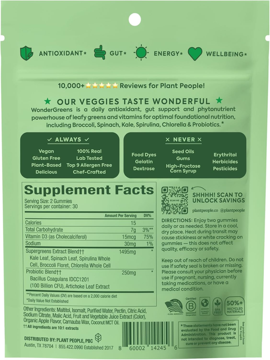 Plant People WonderGreens Veggie Gummies - Super Greens with Probiotics, Green Apple (60 Gummies) - görsel 10