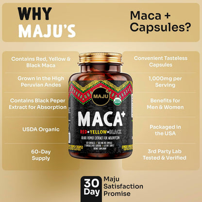 Maju Superfoods 4-in-1 Organic Maca Root Capsules - Black, Yellow & Red with Black Pepper Extract (120 Capsules)