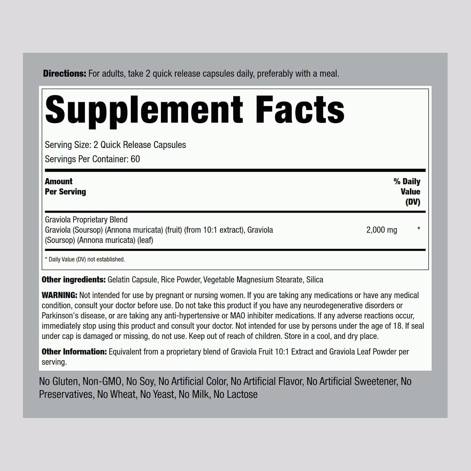 Piping Rock Graviola Soursop Capsules | 120 Count | Leaf Supplement | Concentrated Herbal Fruit Extract | Non-GMO, Gluten-free - görsel 2