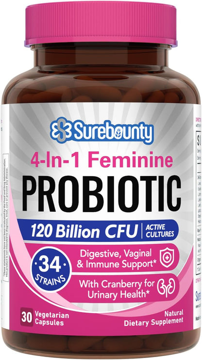 Surebounty Probiotics for Women – 120 Billion CFU, 34 Strains, Prebiotics & Cranberry (30 Capsules)