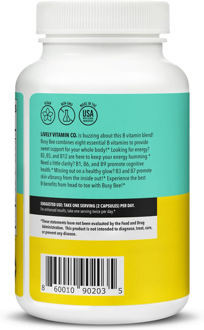 Lively Vitamin Co. Busy Bee - Highly Bio-available Vitamin B Complex with Choline - 180 Vegan Capsules