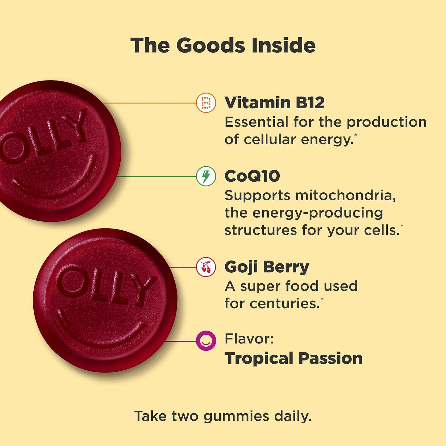 OLLY Daily Energy Gummy, Caffeine-Free, Vitamin B12, CoQ10, Goji Berry, Tropical Flavour – 60 Gummies - görsel 3