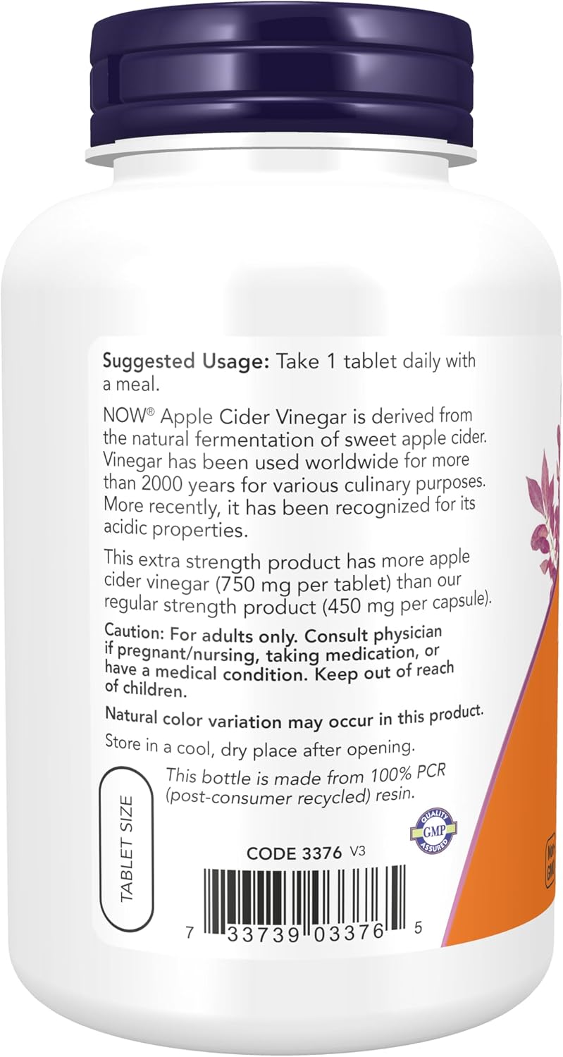 NOW Foods Apple Cider Vinegar 750 mg Extra Strength Tablets (180 Count) - görsel 3