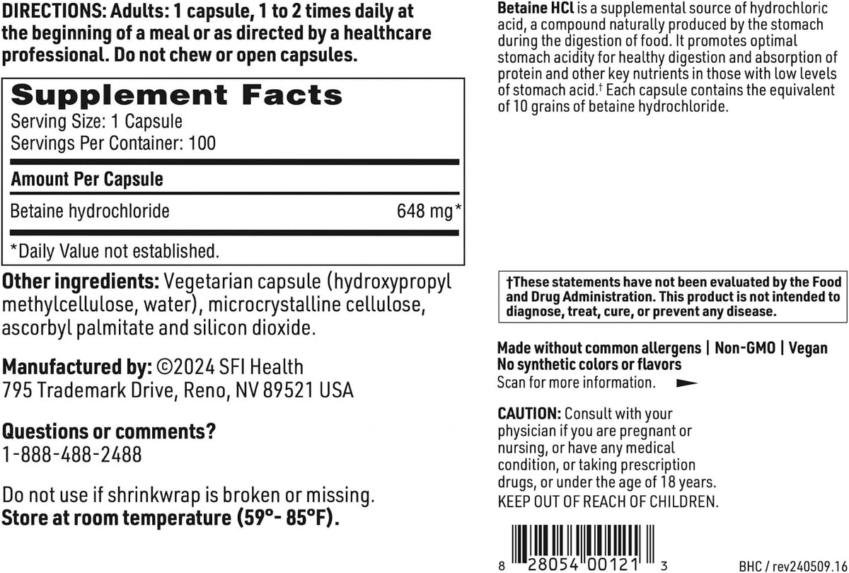 Klaire Labs Betaine HCl 648mg – Hypoallergenic Digestive Support, 100 Capsules - görsel 4