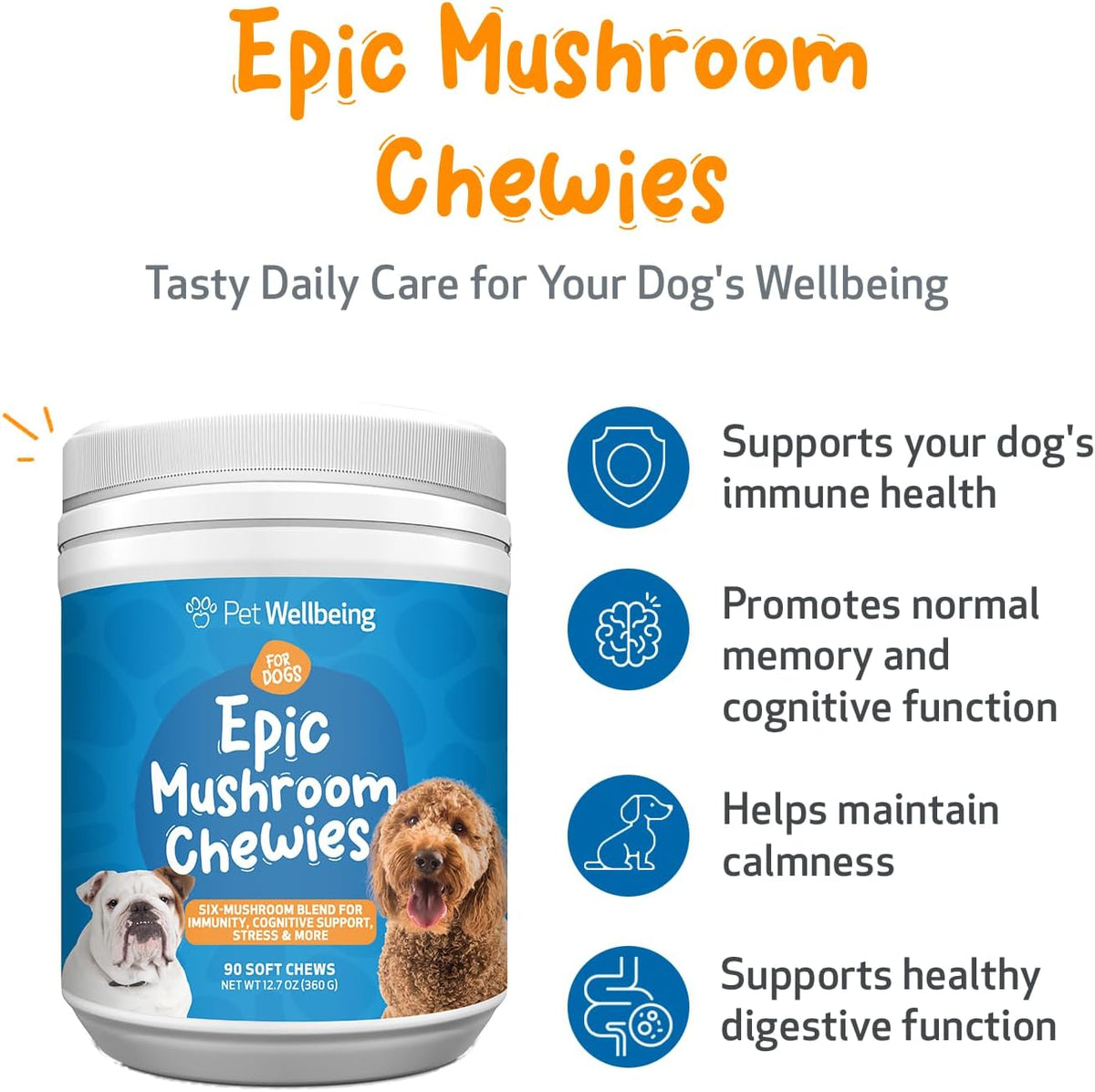 Pet Wellbeing Epic Mushroom Chewies for Dogs – Immune Support, Cognitive Health, Adaptogenic Stress Support with Reishi, Chaga, Lion's Mane Functional Mushrooms – Vet-Formulated 90 Soft Chews - görsel 2