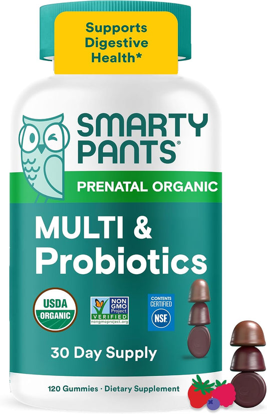 SmartyPants Organic Prenatal Vitamins for Women, Multivitamin Gummies with Probiotics, Methylfolate, Omega-3 ALA, Vitamin D3, K2, B12, and Choline, 120 Count (30 Day Supply)