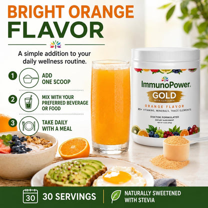 ImmunoPower Gold: High-Absorption Turmeric & BioPerine Immune Support with 35+ Nutrients, Orange Flavour