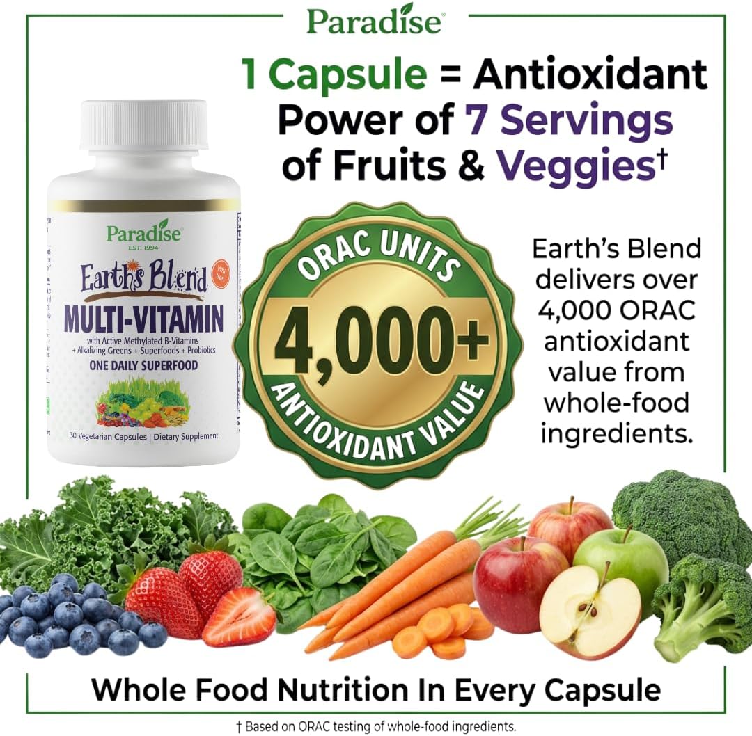 Paradise Herbs Earth's Blend Once Daily Multivitamin with Iron, 48 Organic Superfoods, Probiotics, Antioxidants, Vitamins A, B12, C, D, K2, Daily Superfood, 30 Capsules - görsel 4