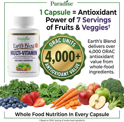 Paradise Herbs Earth's Blend Once Daily Multivitamin with Iron, 48 Organic Superfoods, Probiotics, Antioxidants, Vitamins A, B12, C, D, K2, Daily Superfood, 30 Capsules