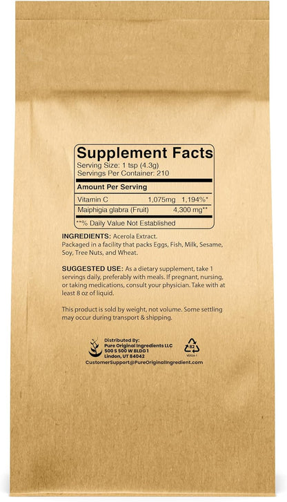 PURE ORIGINAL INGREDIENTS Acerola Cherry Powder (907 g) - Non-GM, Gluten-free, Eco-Friendly Packaging