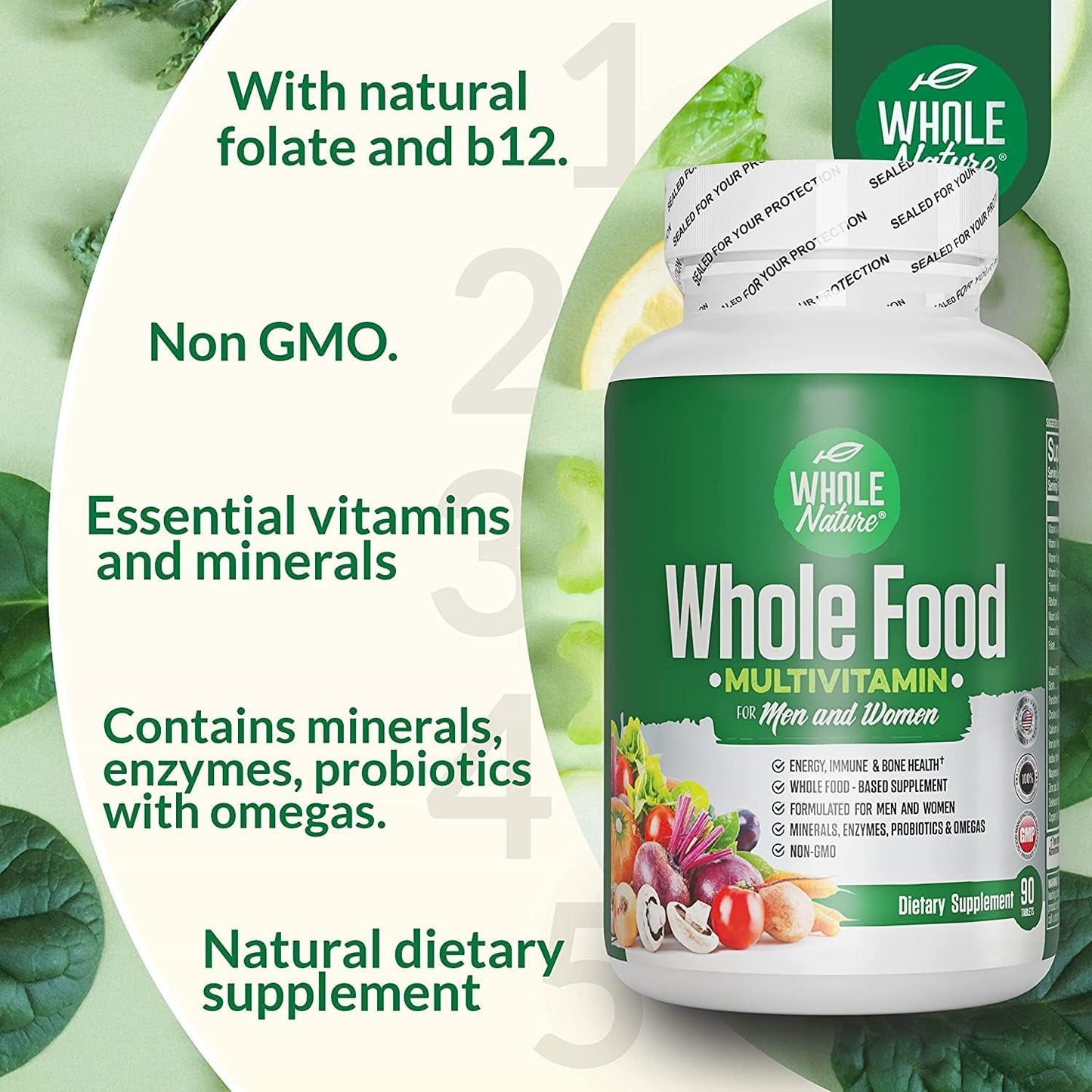 Whole Nature Whole Food Multivitamin - Complete Daily Superfood for Men and Women with Digestive Enzymes, Probiotics, and Omegas (2 Bottles) - görsel 2