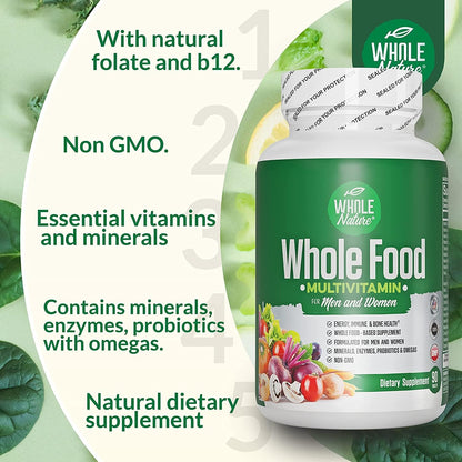 Whole Nature Whole Food Multivitamin - Complete Daily Superfood for Men and Women with Digestive Enzymes, Probiotics, and Omegas (2 Bottles)