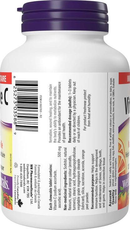 Webber Naturals Vitamin C Chewable 500 mg, 120 Orange Flavour Tablets