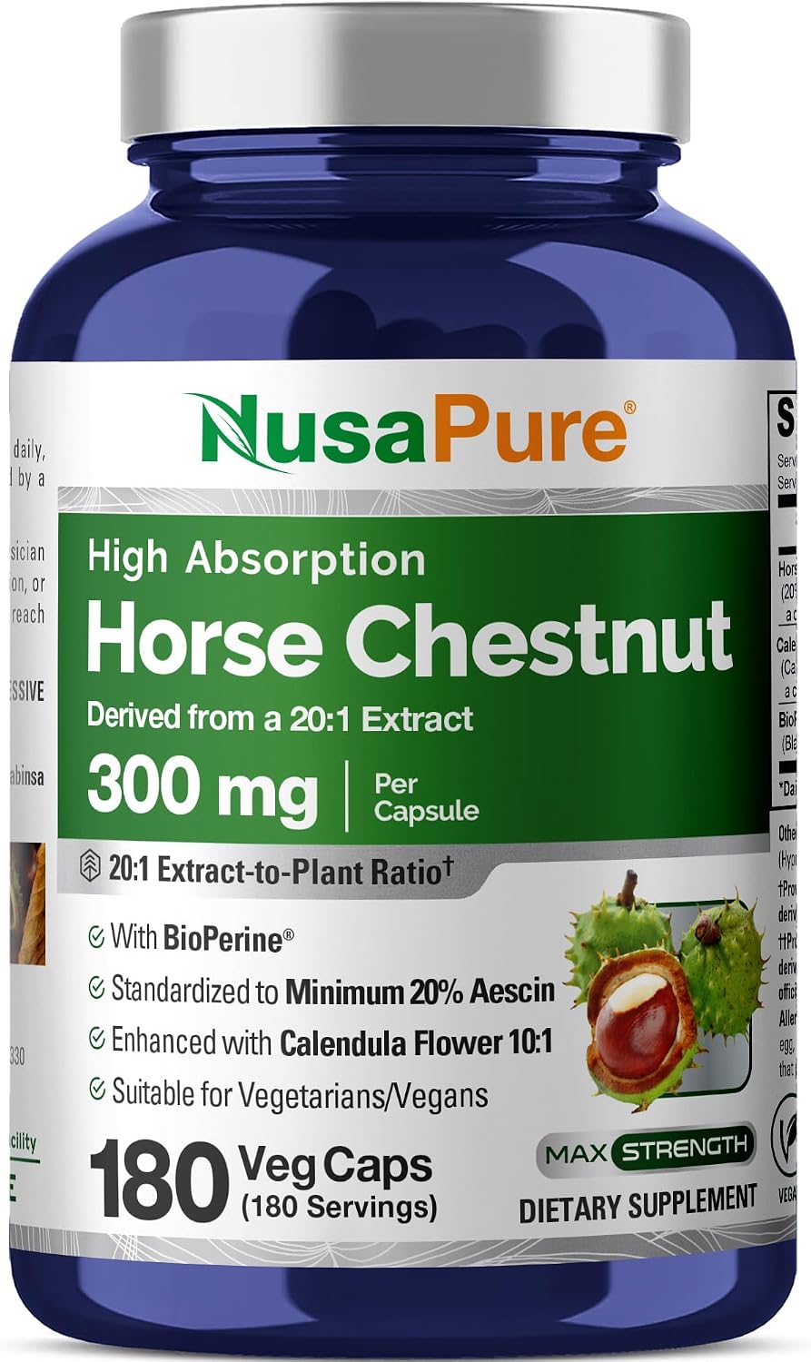 NusaPure Horse Chestnut Capsules, 300 mg, 180 Vegan Capsules - görsel 1