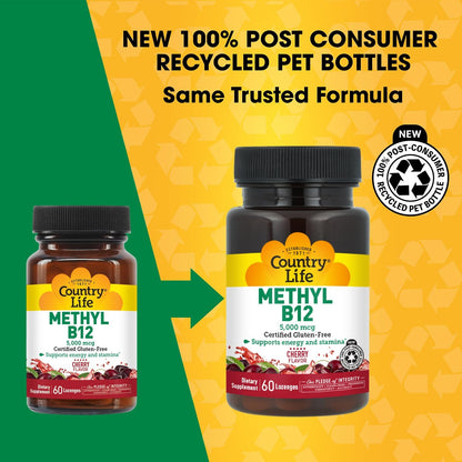 Country Life Methyl B12, Contributes to Energy and Stamina, 5,000mcg, 60 Lozenges, Gluten-free, Vegan, Non-GM Verified
