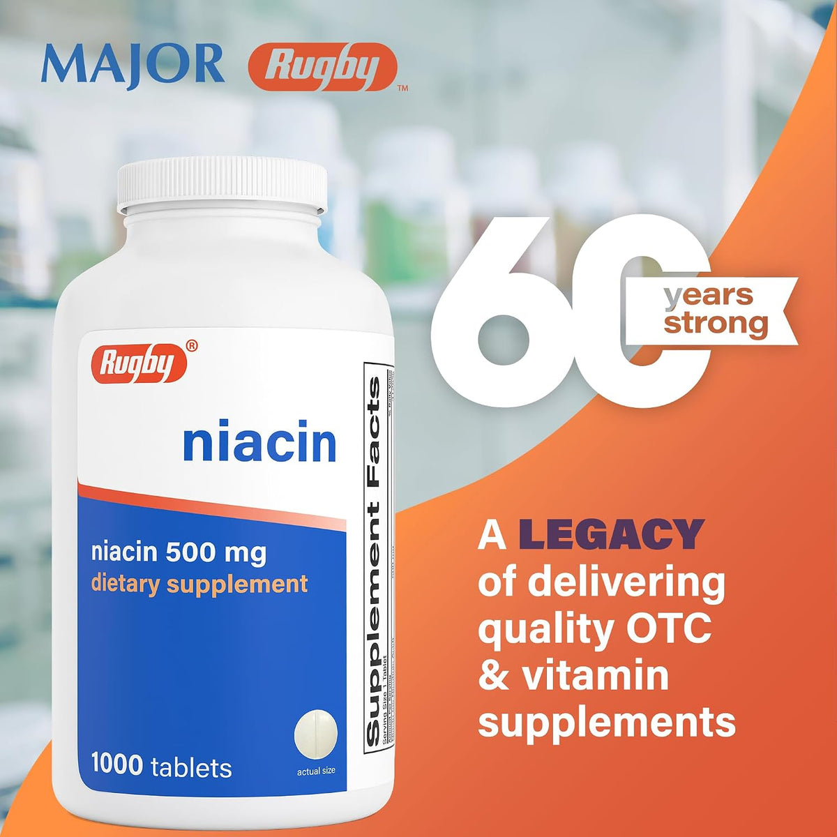 Rugby Niacin 500 mg – Vitamin B3 Supplement, 1000 Tablets - görsel 2