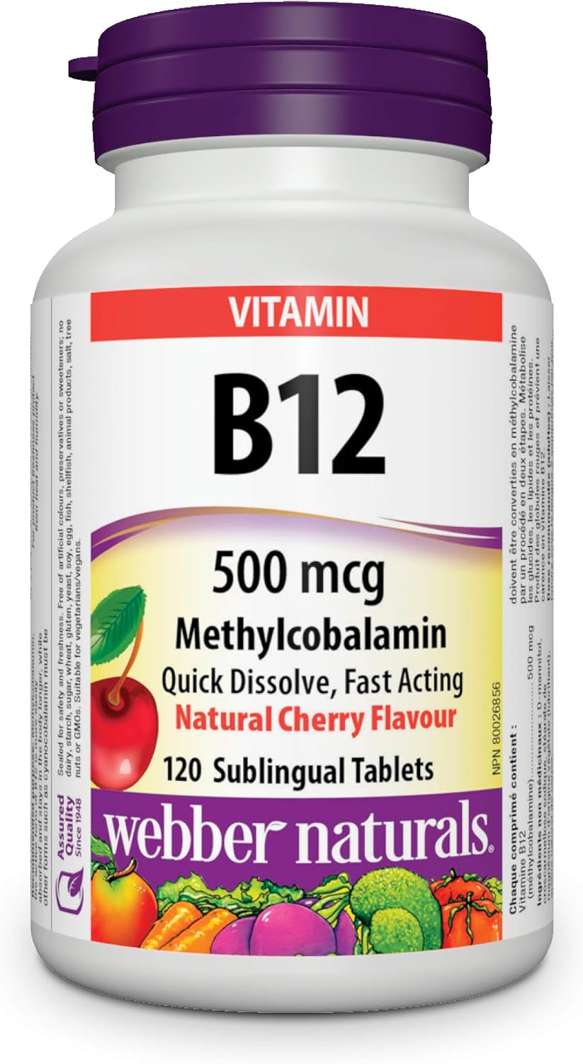 Webber Naturals Vitamin B12 (Methylcobalamin) Sublingual Tablets, Natural Cherry Flavour, 120 Tablets - görsel 1