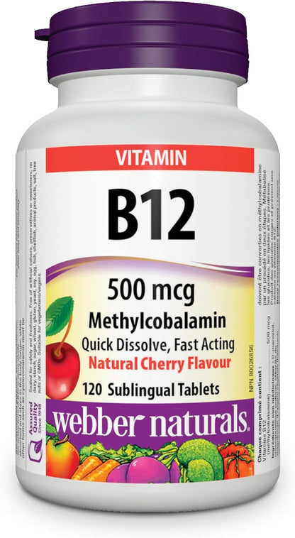 Webber Naturals Vitamin B12 (Methylcobalamin) Sublingual Tablets, Natural Cherry Flavour, 120 Tablets
