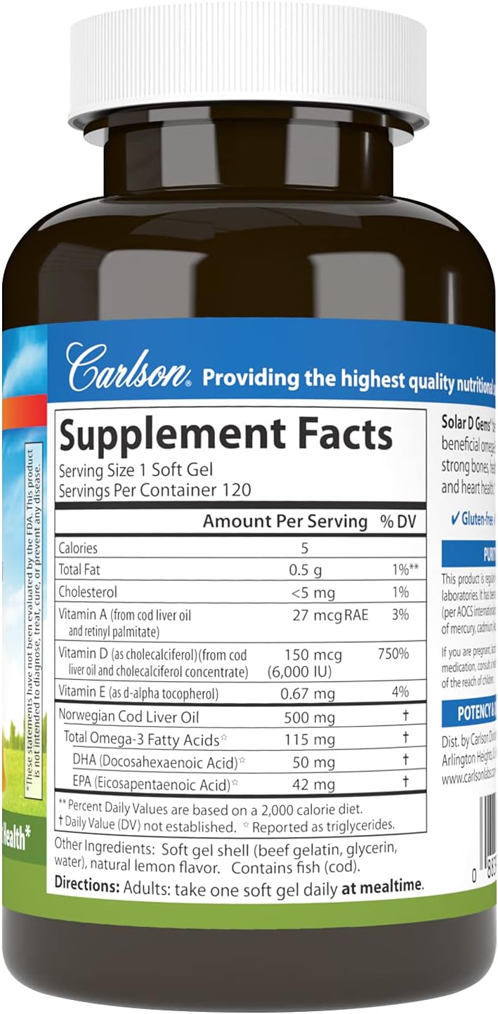 Carlson Solar D Gems - Vitamin D3 and Omega-3 Supplement, 6000 IU (150 mcg) D3, 115 mg Omega-3s, Wild Caught, Lemon, 120 Softgels - görsel 2
