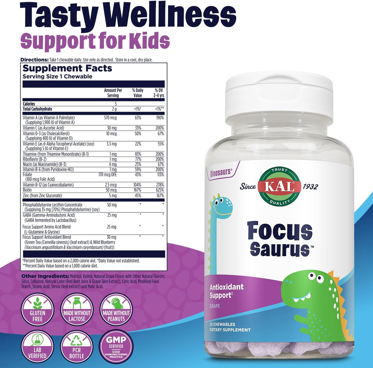 Kal Focus-Saurus Grape, 30 Chewable Tablets - görsel 2