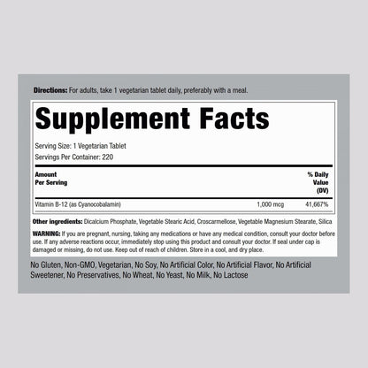 Piping Rock Vitamin B12 1000 mcg | 220 Tablets | Cyanocobalamin | Non-GMO, Gluten-free