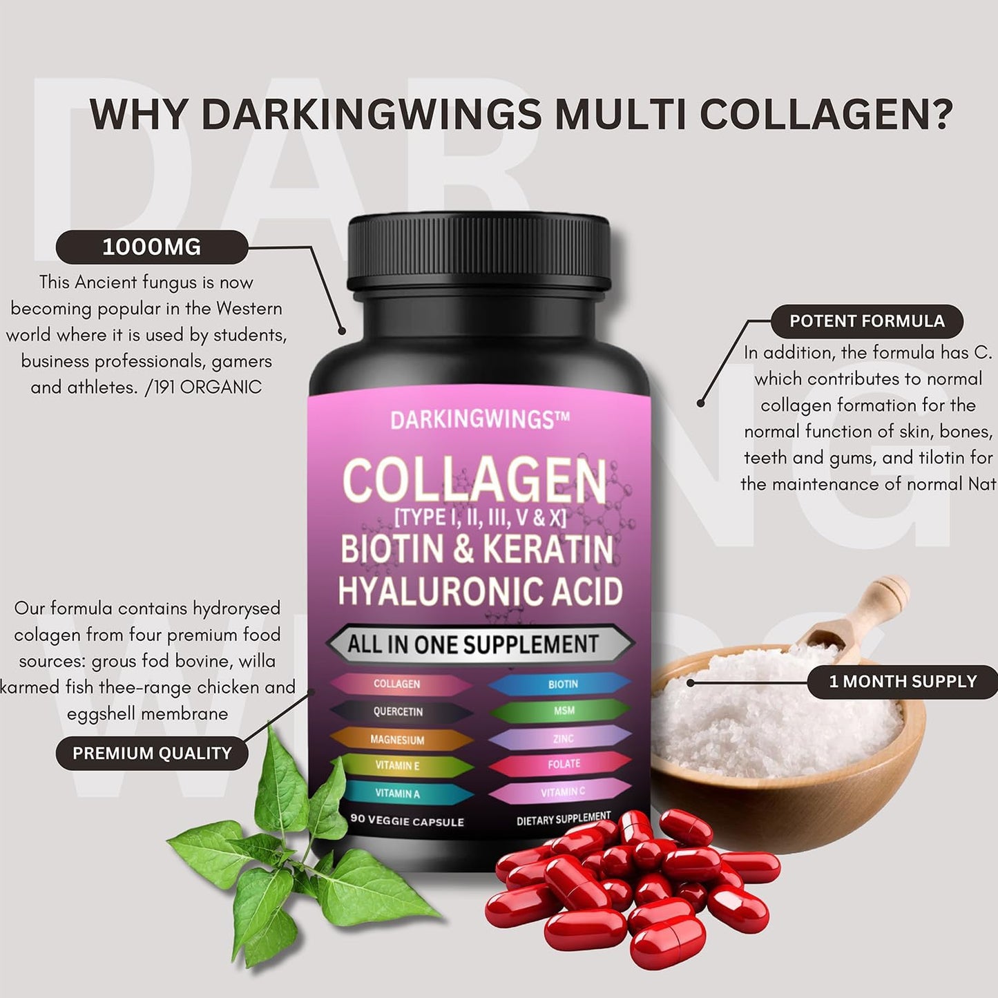 Darkingwings Multi Collagen Peptides Capsules - 14-in-1 with Types I, II, III, V & X, Biotin, Keratin, HA, MSM, Vitamin C, Zinc & More - görsel 6