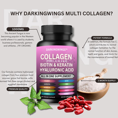 Darkingwings Multi Collagen Peptides Capsules - 14-in-1 with Types I, II, III, V & X, Biotin, Keratin, HA, MSM, Vitamin C, Zinc & More