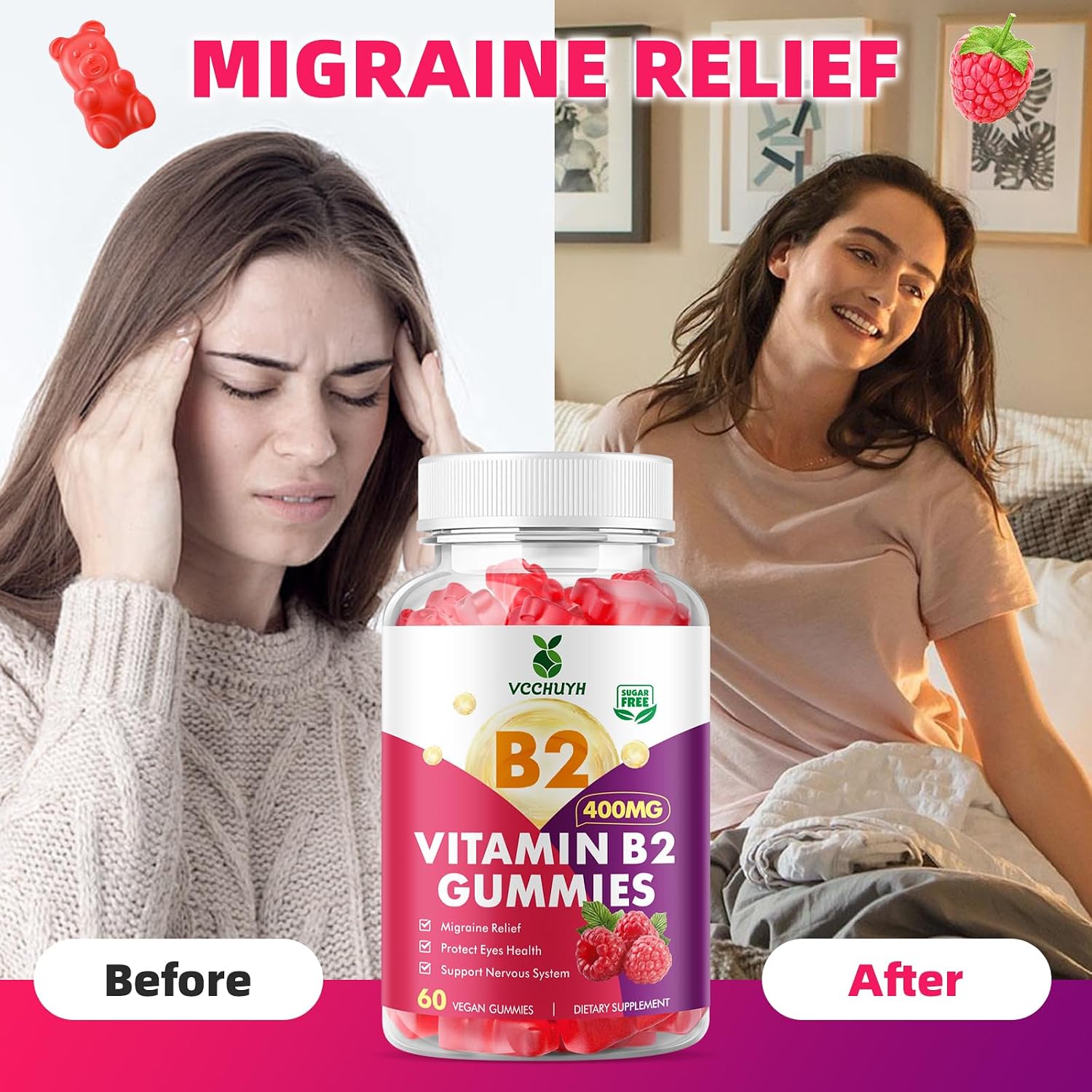 VCCHUYH Vitamin B2 Gummies 400mg – Riboflavin with Magnesium – Vegan, Non-GMO, Raspberry Flavour – 120 Gummies - görsel 4