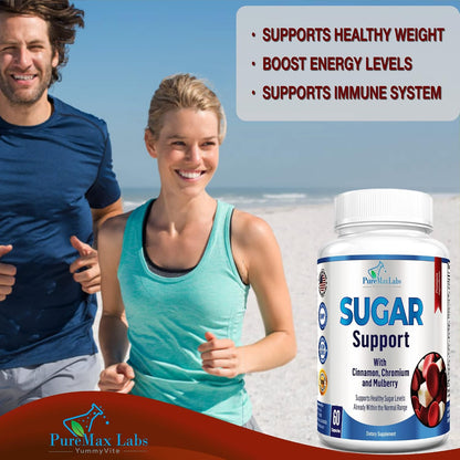 YUMMYVITE Sugar Support Supplement with Cinnamon, Chromium, Mulberry, Alpha Lipoic Acid - 20 Herbs & Vitamins - Non-GMO, 60 Capsules