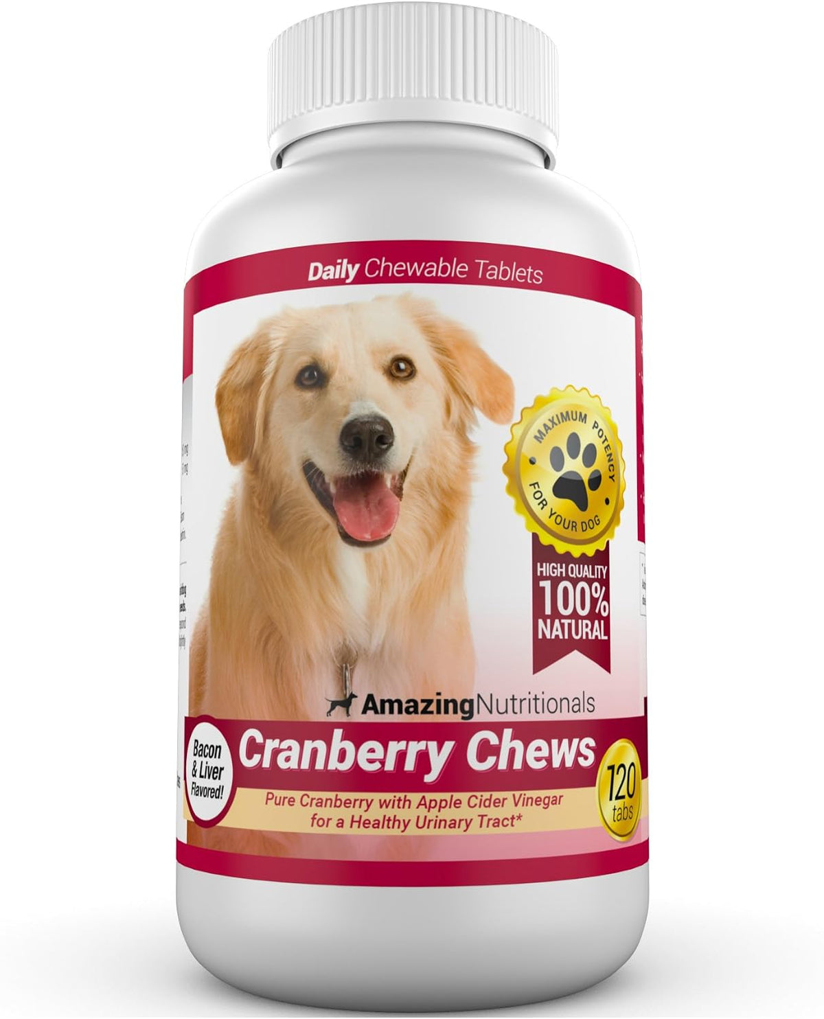Amazing Nutritionals Cranberry Supplement for Dogs – Urinary Tract & Bladder Support – 120 Cranberry Chews with Apple Cider Vinegar – Bacon Flavour - görsel 1