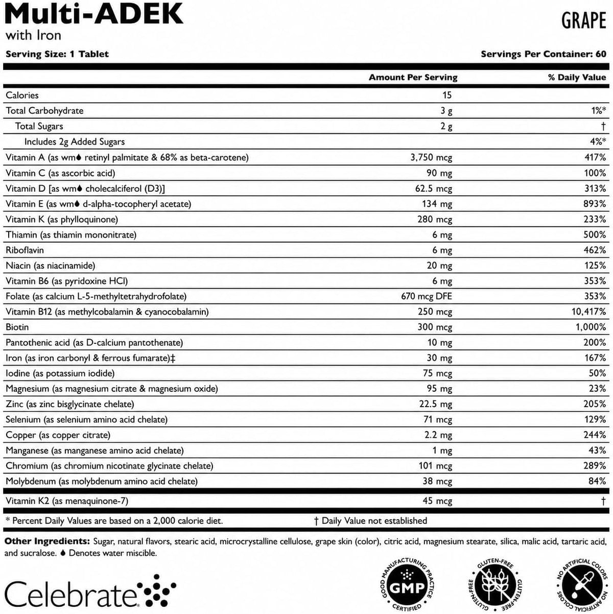 Celebrate Vitamins Multi ADEK Chewables, 60mg Iron - Daily Bariatric Multivitamin for Duodenal Switch Surgery Patients - Grape (60 Tablets) - görsel 3