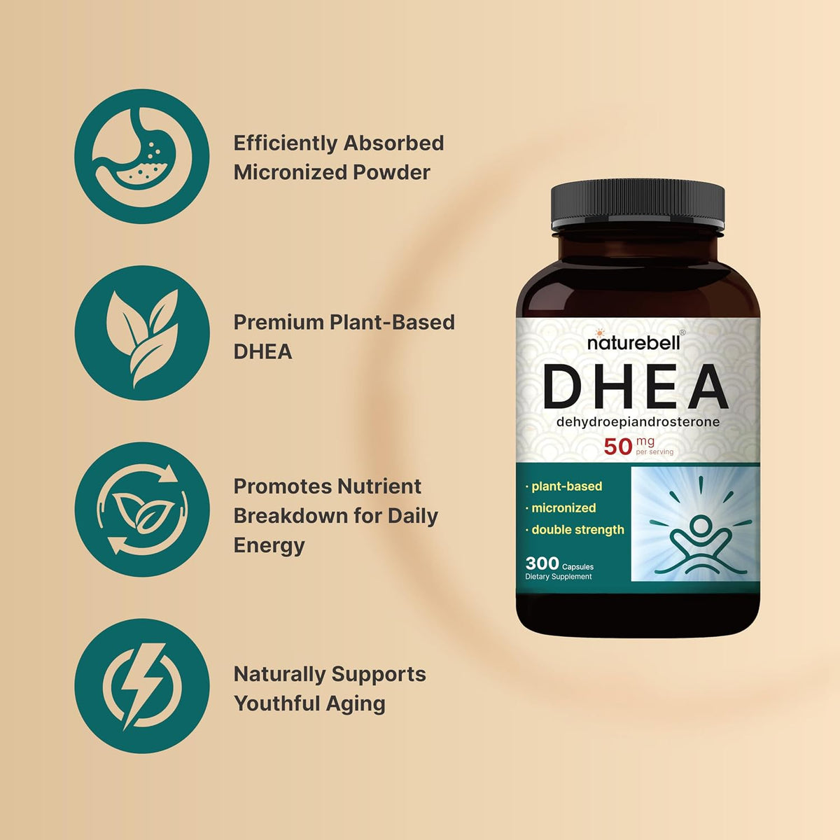 NatureBell DHEA 50mg for Men & Women, 300 Capsules | Micronised for Better Absorption | Plant-Based Source - görsel 3