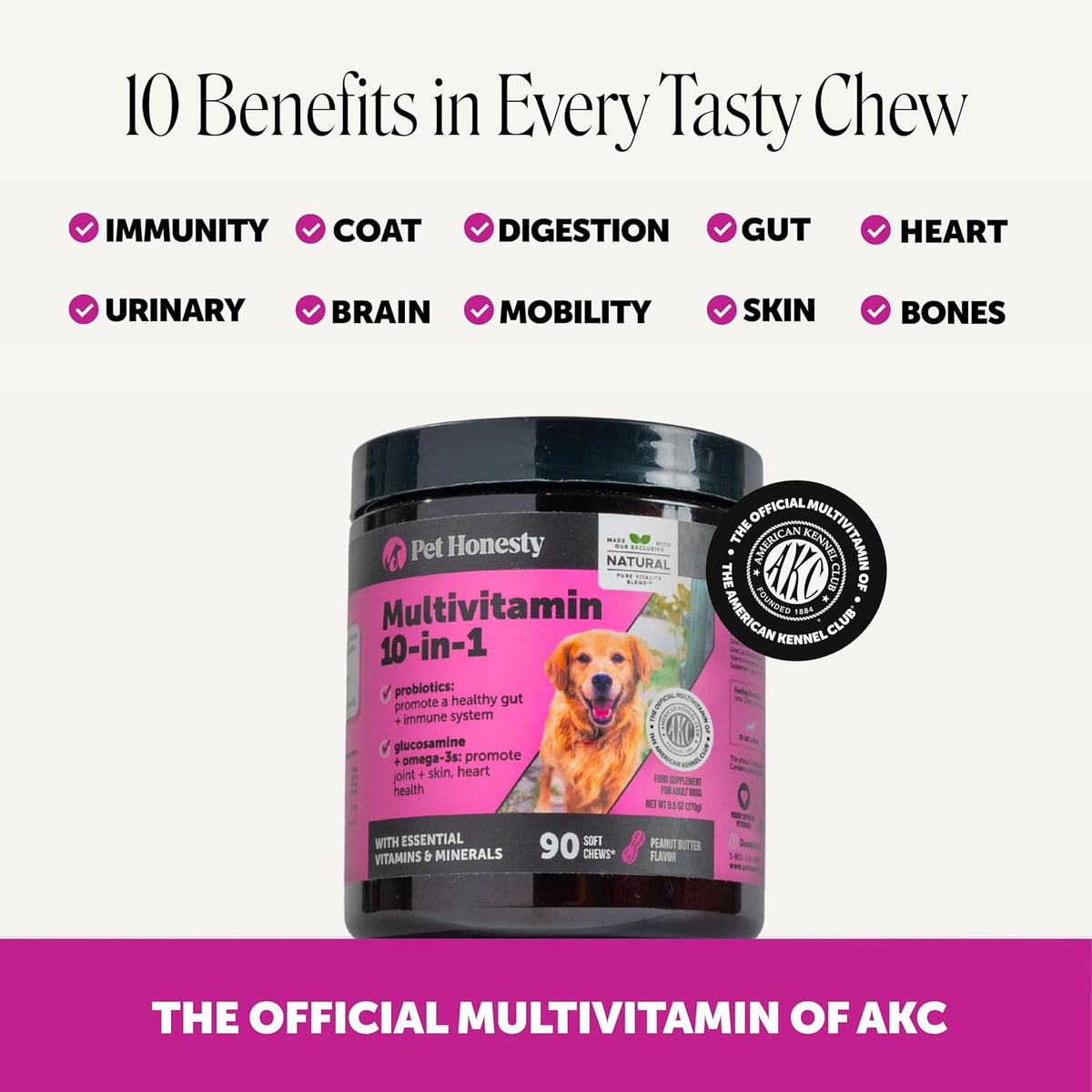 10-in-1 Dog Multivitamin Supplement with Glucosamine & Probiotics – Hip & Joint Support, Digestive Health, Immune Support – Peanut Butter Flavour, 90 Chews - görsel 2