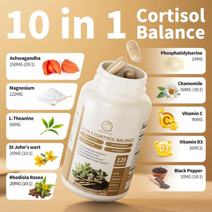 BBEEAAUU Cortisol Supplement - 10-in-1 Formula with Ashwagandha & Magnesium - 120 Capsules (2 Pack)