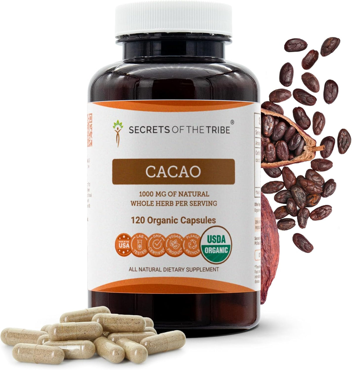Secrets of the Tribe Organic Raw Cacao Capsules - 1000mg, 120 Capsules - görsel 1
