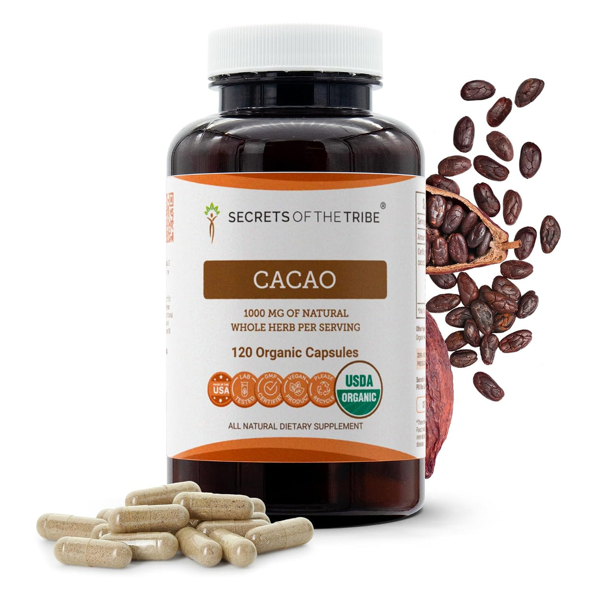 Cacao Organic Capsules | Certified Organic Vegetarian Capsules, Herbal Food Supplement | Theobroma Cacao Dried Raw Beans (120 Count) - görsel 1