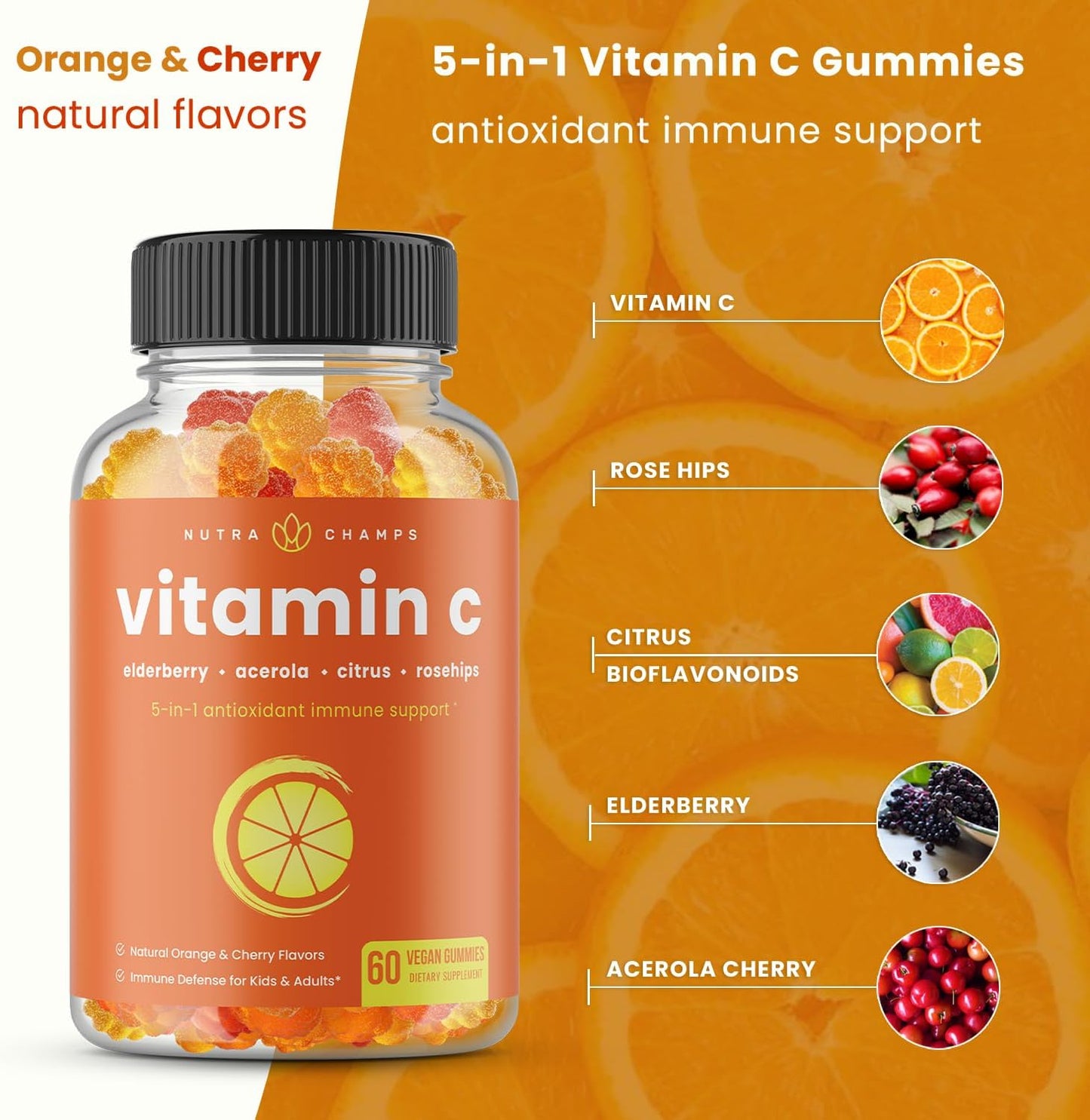 NutraChamps Vitamin C Gummies with Elderberry, Rose Hips, Citrus Bioflavonoids & Acerola Cherry - Pack of 2 - görsel 2
