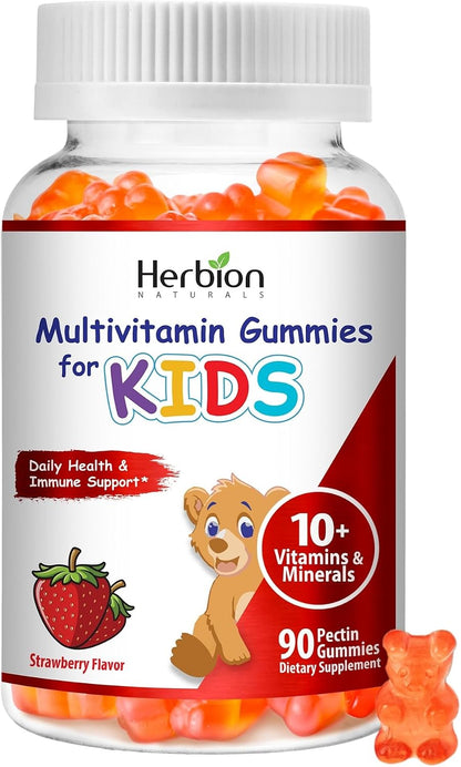 HERBION Naturals Multivitamin Gummies for Children - Support with Vitamin C, D3, B12, A, E & Zinc - Strawberry Flavour - 90 Count