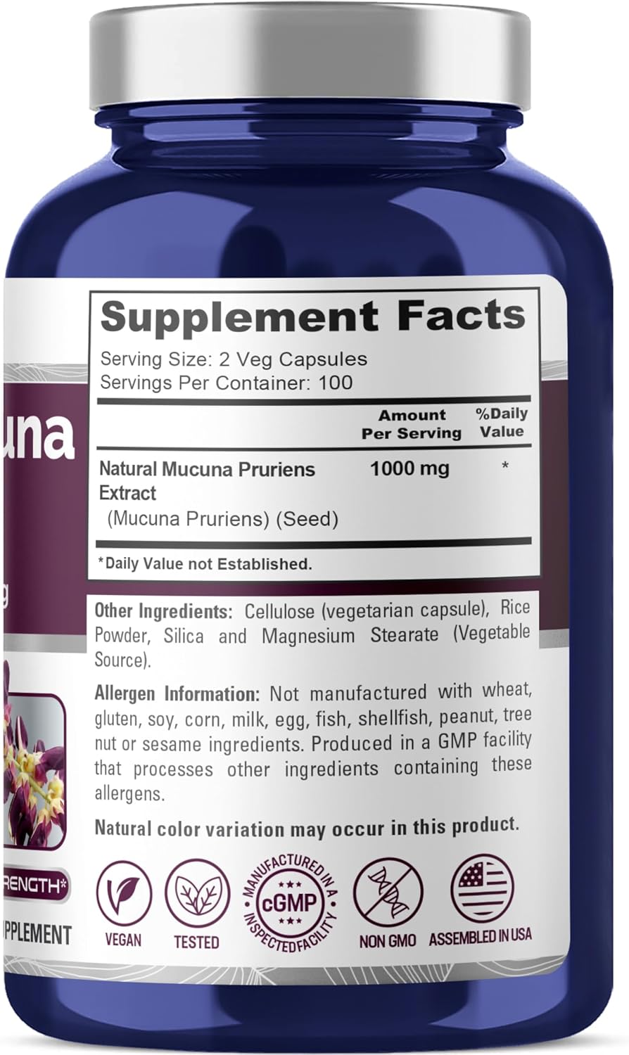 Mucuna Pruriens 1000mg 200 Veggie Caps (Non-GMO, 100% Vegetarian, Vegan) - görsel 2