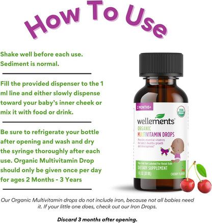 Wellements Organic Baby Multivitamin Drops - Cherry Flavour, 30 ml