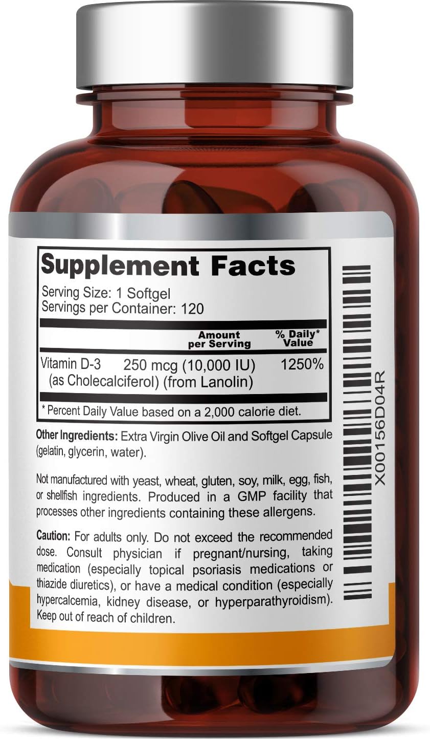 Vitamin D3 10,000 IU 120 Softgels – High Potency in Extra Virgin Olive Oil - görsel 3