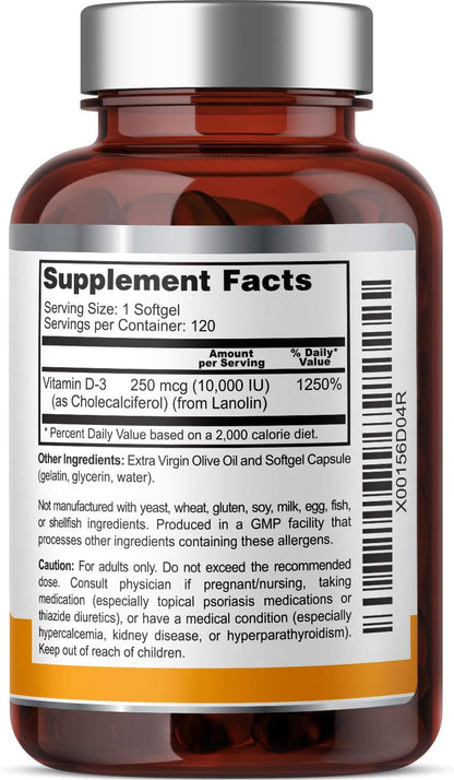 Vitamin D3 10,000 IU 120 Softgels – High Potency in Extra Virgin Olive Oil